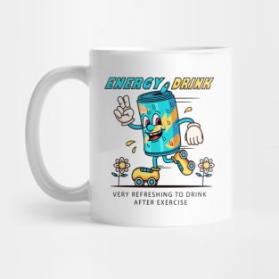 Energy drinks. Cartoon mascots, drink cans playing roller skates Mug